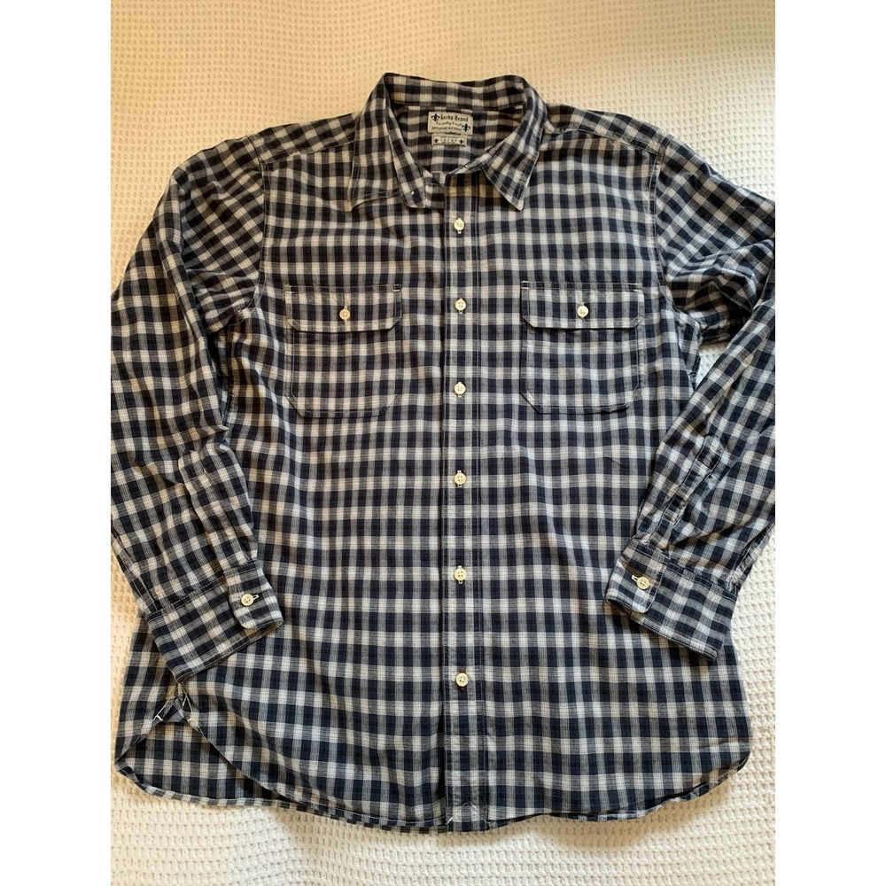 Lucky Brand Men's Blue White Plaid Long Sleeve Button-Up Shirt Size L